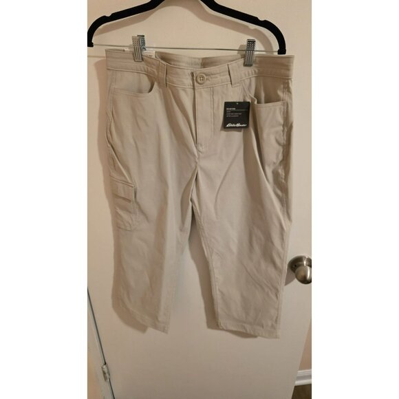 EDDIE BAUER Tech Capri Pants Womens 10 Pumice Cargo Nylon Stretch UPF 50+ NWT - Picture 1 of 11
